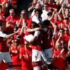 ARSENAL PLAYERS CELEBRATE AFTER SCORING TODAY AGAINST BURNLEY