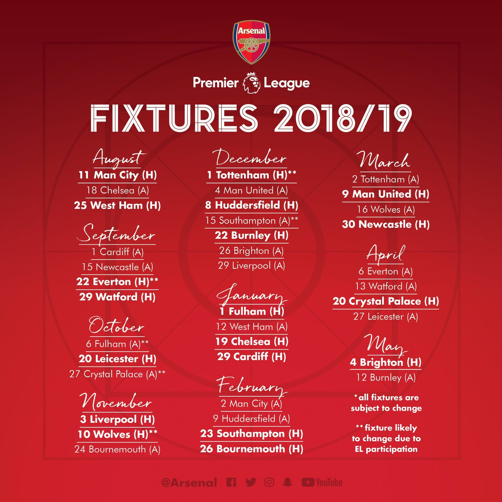 Arsenal 2018/19 Full Premier League Fixture